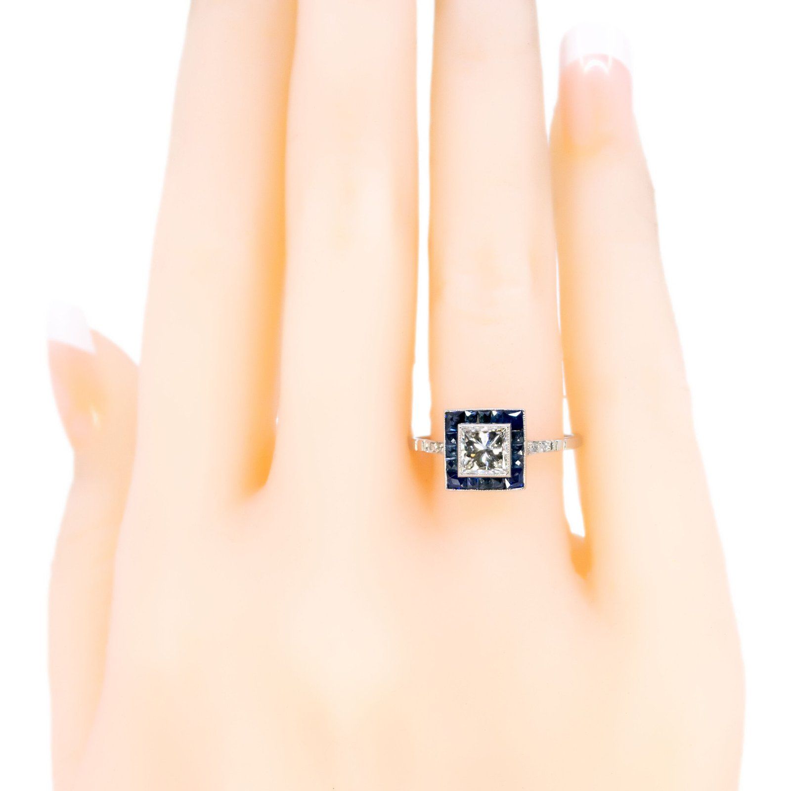 Platinum, Sapphire and Diamond Square Shaped Cluster Ring, 0.78 Carat Centre