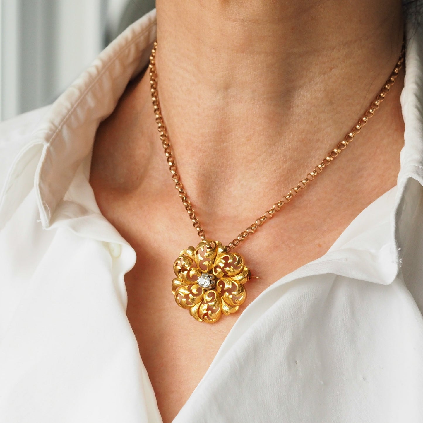 Antique French Diamond Set 18ct Gold Floral Acanthus Pendant Necklace Brooch