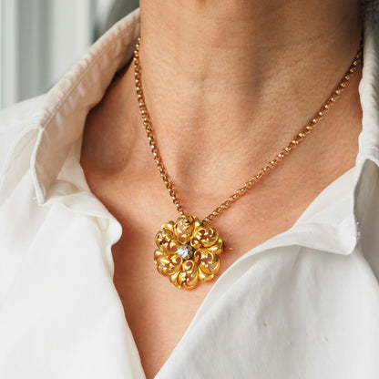 Antique French Diamond Set 18ct Gold Floral Acanthus Pendant Necklace Brooch