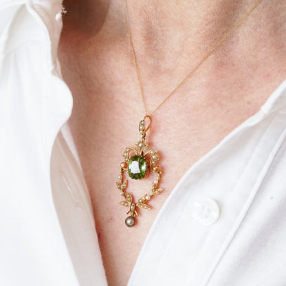 Antique Victorian Peridot Pendant Necklace, Pearls 14K Gold Original Box c.1890