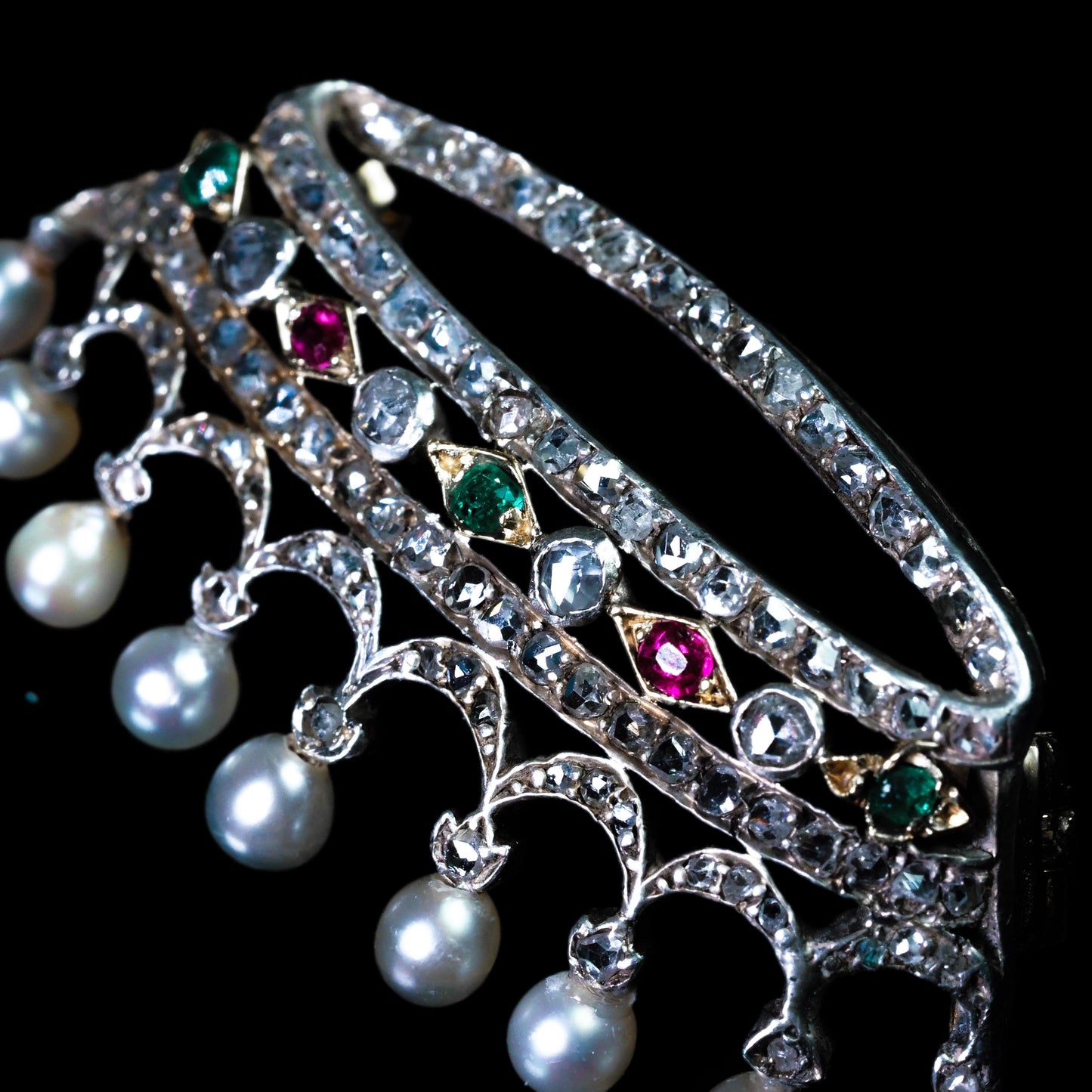 Antique French Ruby, Emerald, Diamond Pearl Crown Coronet Brooch 18K Gold c.1900