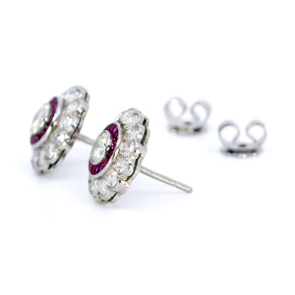 Art Deco Inspired Diamond and Ruby Target Cluster Stud Earrings in Platinum