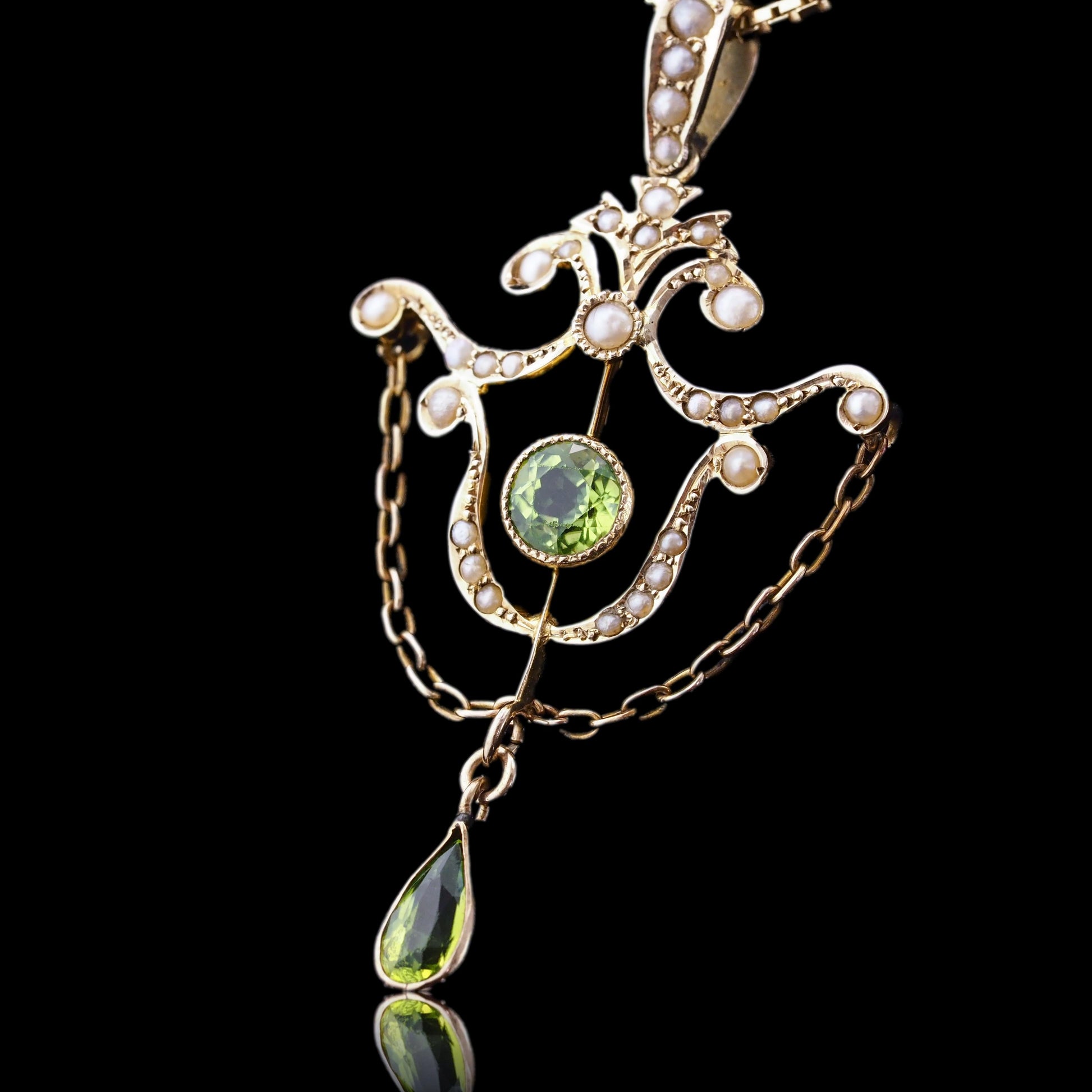 Antique Edwardian Peridot and Seed Pearl Pendant Necklace 9ct Gold - 1909