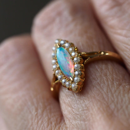 Antique Victorian Opal and Pearl Marquise Cluster Ring