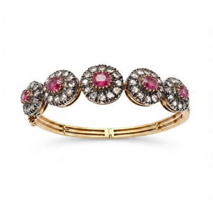 Victorian Antique Ruby and Rose Cut Diamond Cluster Bangle Bracelet, Circa 1890