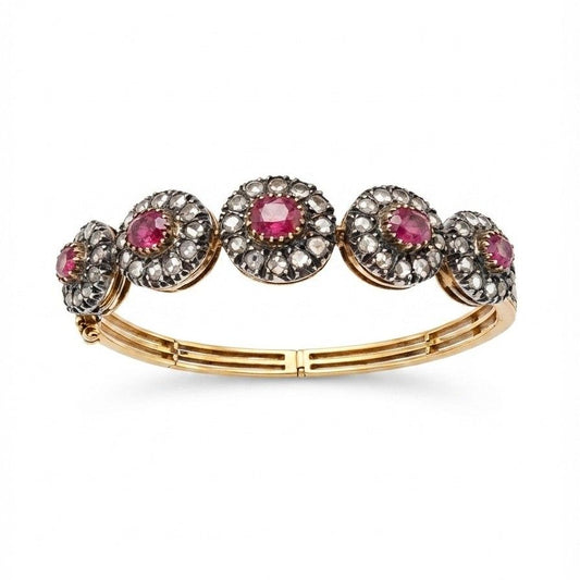 Victorian Antique Ruby and Rose Cut Diamond Cluster Bangle Bracelet, Circa 1890