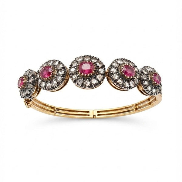Victorian Antique Ruby and Rose Cut Diamond Cluster Bangle Bracelet, Circa 1890