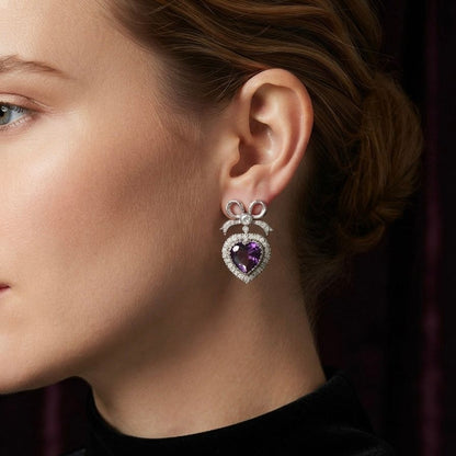 Vintage 18K White Gold Heart Amethyst & Diamond Earrings