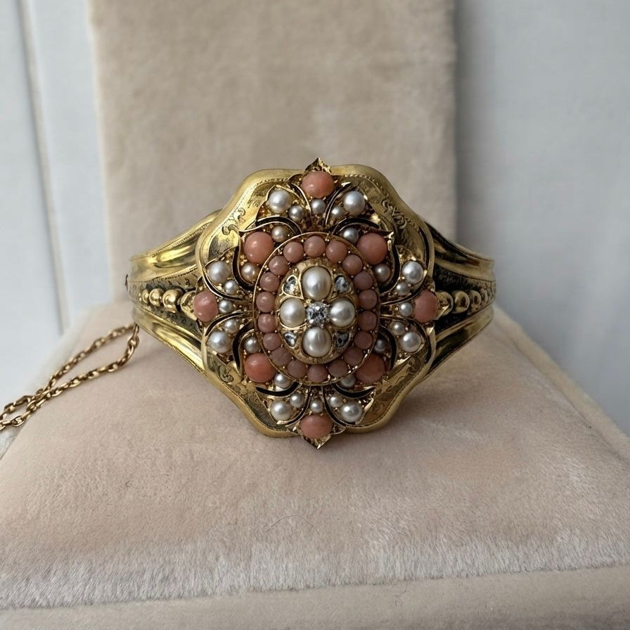 Victorian Antique Pearl Coral Diamond Gold Locket Bangle Bracelet, Circa 1856