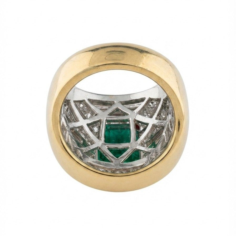 Italian Retro Colombian Emerald and 5ct Diamond Cocktail Ring