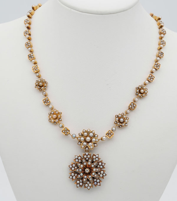 Victorian Antique Natural Pearl and Diamond Demi Parure Pendant Necklace Brooch, Circa 1860