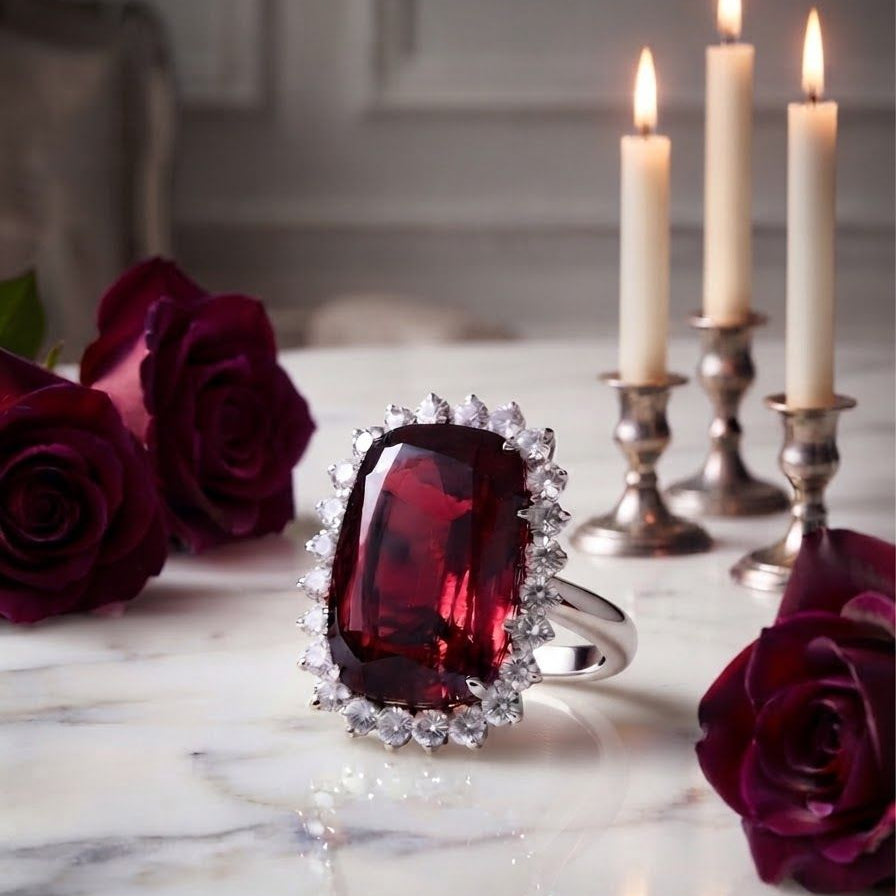 Vintage 25ct Rubellite and Diamond Cluster Cocktail Ring