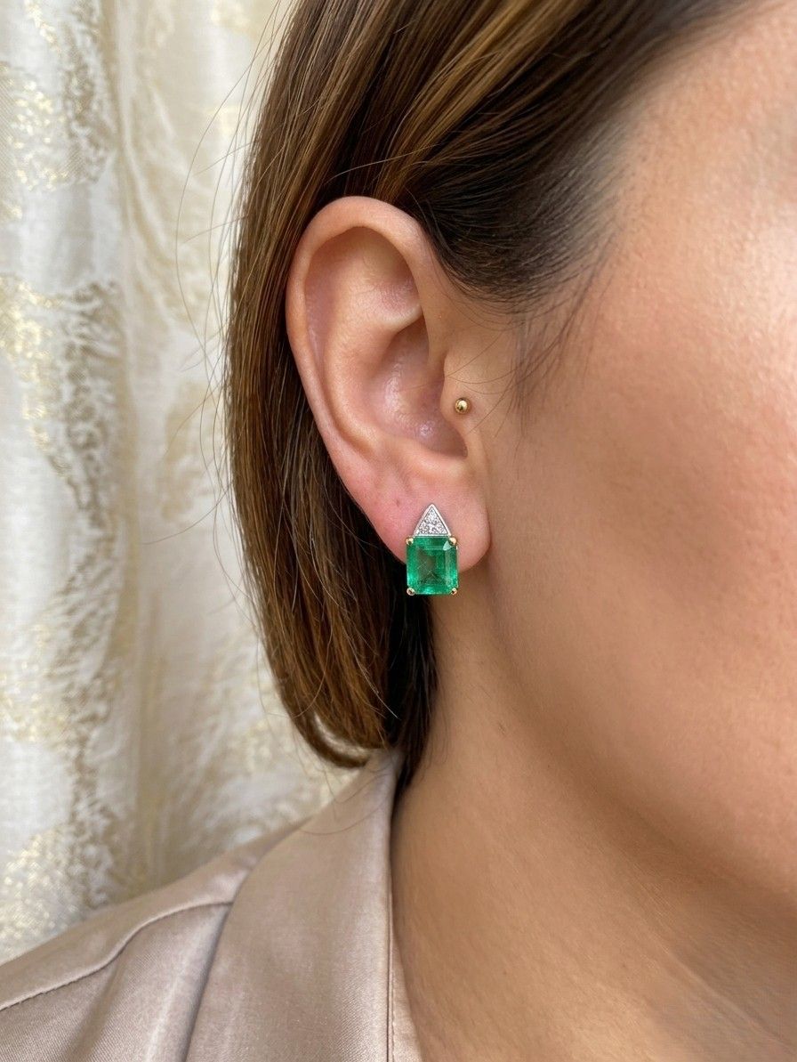 Fine 8 Carat Colombian Emerald Diamond Stud Earrings