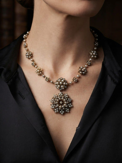 Victorian Antique Natural Pearl and Diamond Demi Parure Pendant Necklace Brooch, Circa 1860