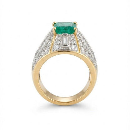 Italian Retro Colombian Emerald and 5ct Diamond Cocktail Ring