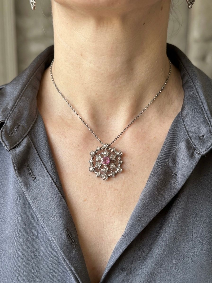 Victorian Natural Ruby Rose Cut Diamond Beautiful Flower Pendant
