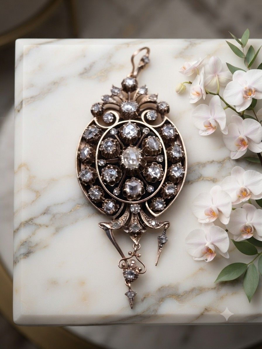 Victorian Antique 8cts Rose Cut Diamond Brooch Pendant