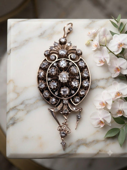 Victorian Antique 8cts Rose Cut Diamond Brooch Pendant
