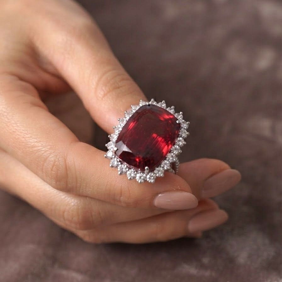 Vintage 25ct Rubellite and Diamond Cluster Cocktail Ring