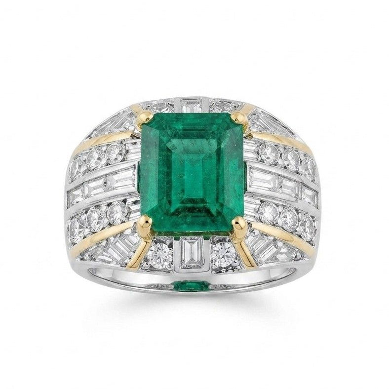 Italian Retro Colombian Emerald and 5ct Diamond Cocktail Ring