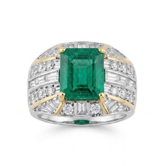 Italian Retro Colombian Emerald and 5ct Diamond Cocktail Ring