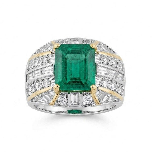 Italian Retro Colombian Emerald and 5ct Diamond Cocktail Ring