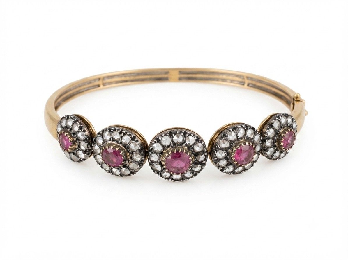 Victorian 18Kt Gold Ruby and Rose Cut Diamond Bangle, Circa 1890
