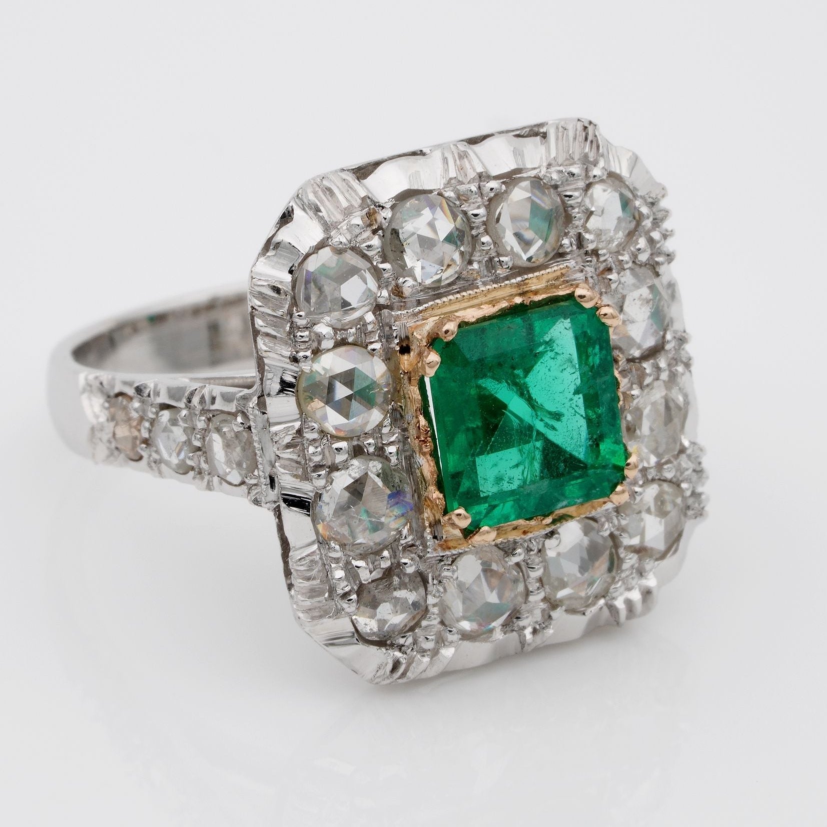 Art Deco 1.30ct Colombian Emerald and 2.40ct Rose Cut Diamond Cluster Ring