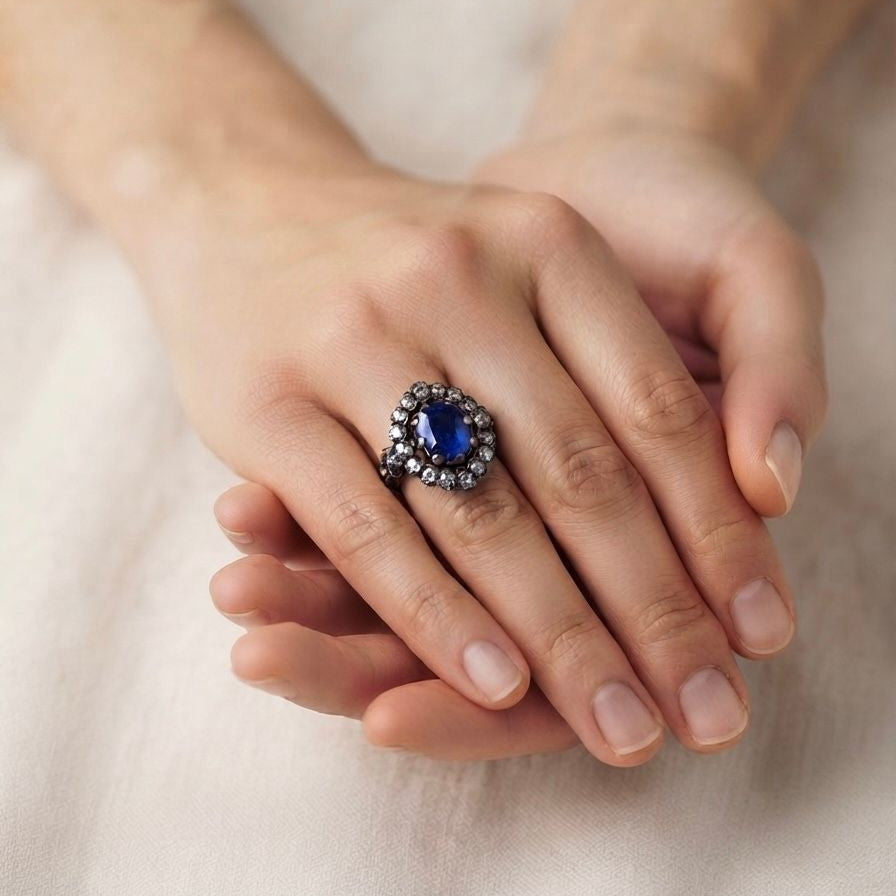 Edwardian Style 2.77ct Natural No Heat Cobalt Blue Sapphire and Diamond Cluster Engagement Ring