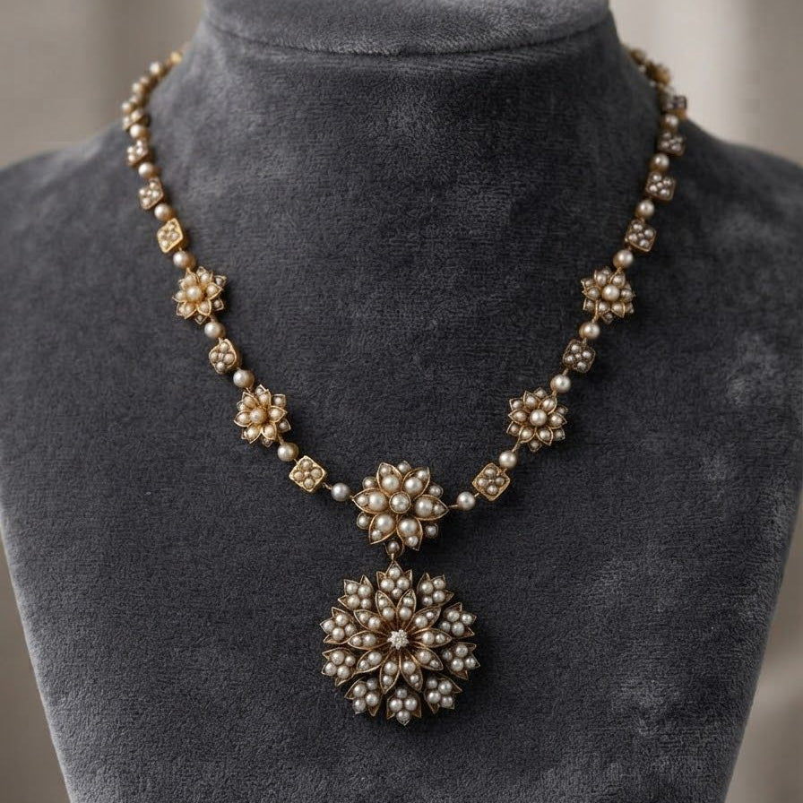 Victorian Antique Natural Pearl and Diamond Demi Parure Pendant Necklace Brooch, Circa 1860