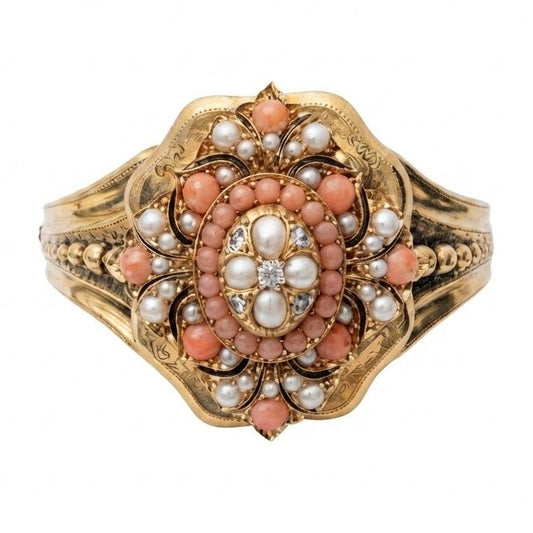 Victorian Antique Pearl Coral Diamond Gold Locket Bangle Bracelet, Circa 1856