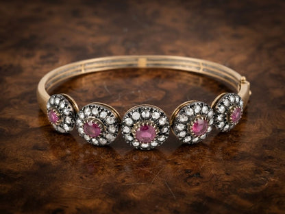 Victorian Antique Ruby and Rose Cut Diamond Cluster Bangle Bracelet, Circa 1890