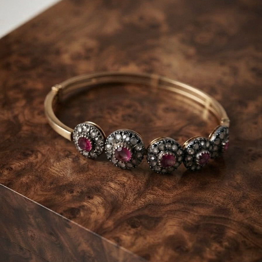 Victorian 18Kt Gold Ruby and Rose Cut Diamond Bangle, Circa 1890
