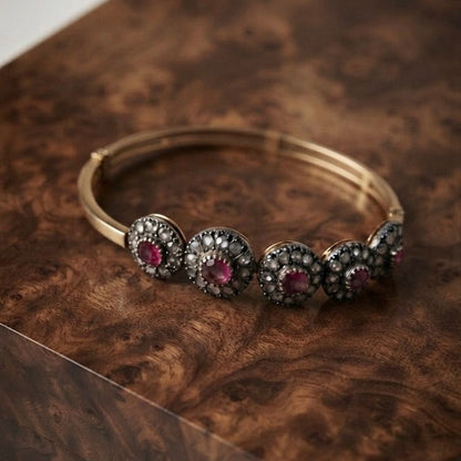 Victorian 18Kt Gold Ruby and Rose Cut Diamond Bangle, Circa 1890