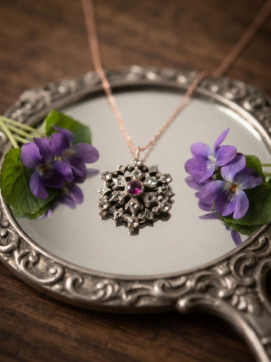Victorian Natural Ruby Rose Cut Diamond Beautiful Flower Pendant