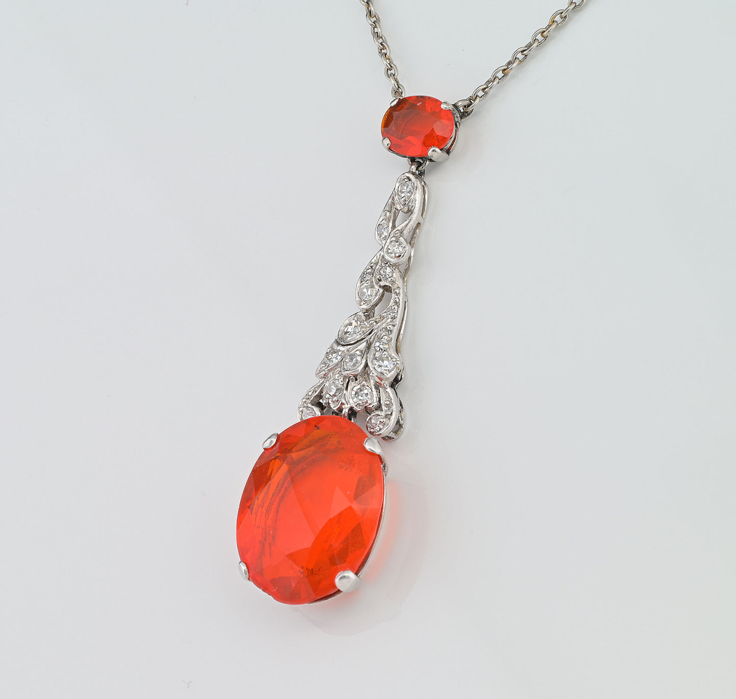 Art Deco 7.70ct Fire Opal and Diamond Pendant Necklace