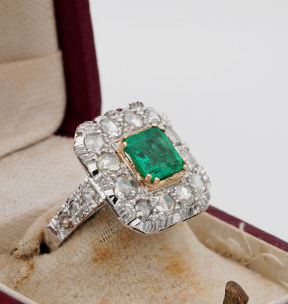 Antique Vintage Art Deco 1.30ct Colombian Emerald and 2.40ct Rose Cut Diamond Cluster Ring