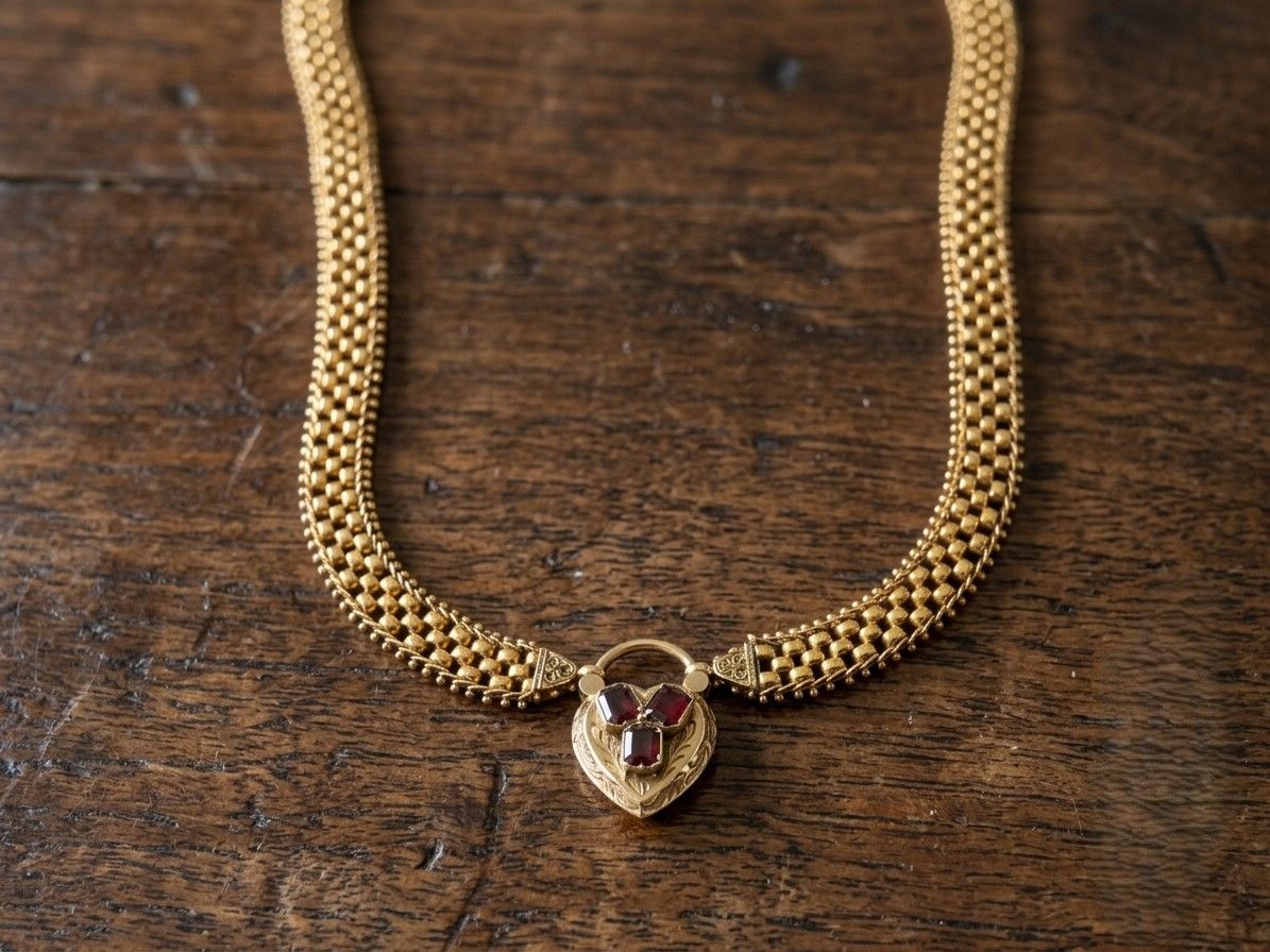 Victorian 18K Yellow Gold Garnet Heart Locket Necklace, Circa 1870/80