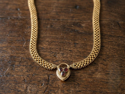 Victorian 18K Yellow Gold Garnet Heart Locket Necklace, Circa 1870/80