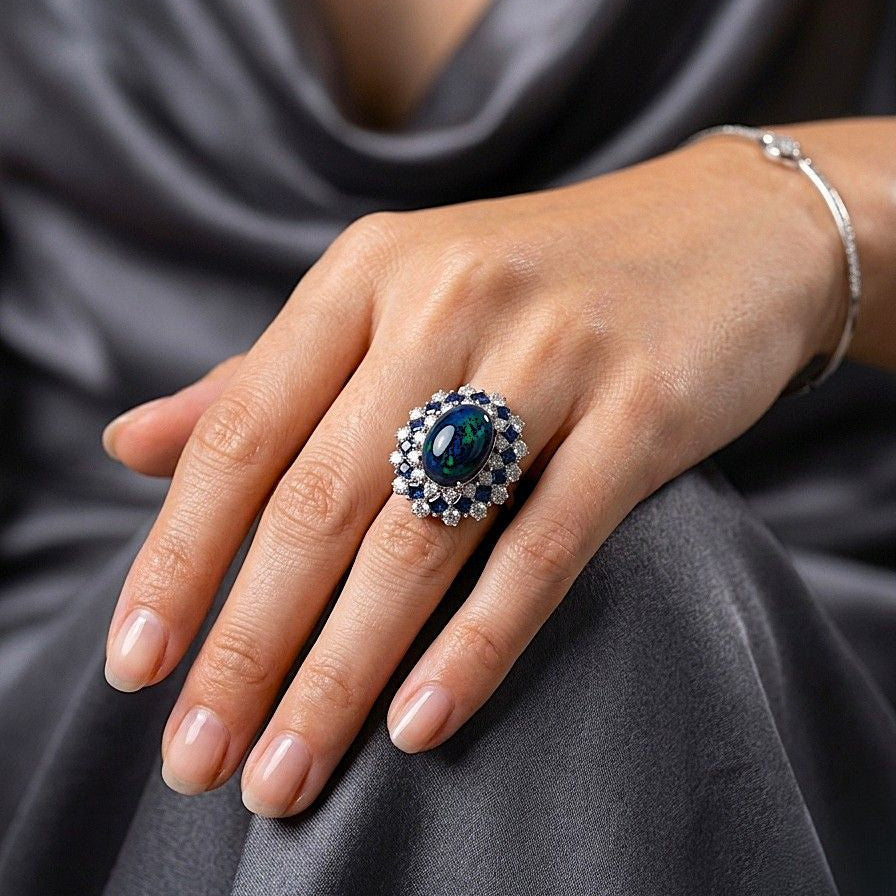 Vintage 9cts Australian Black Opal Diamond Sapphire Cluster Dress Ring in Platinum