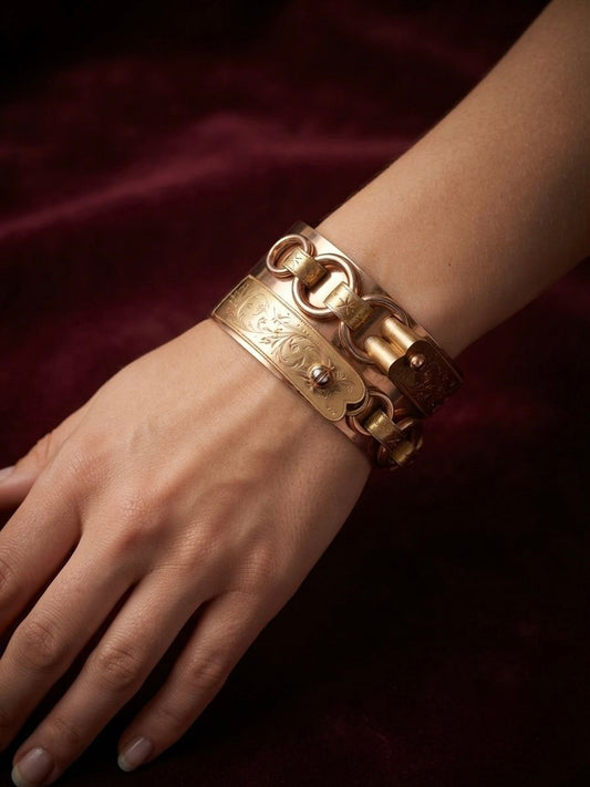 Victorian Antique Yellow Gold Wide Buckle Cuff Bangle Bracelet, Circa 1850