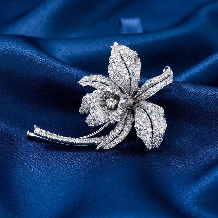 Edwardian Platinum Orchid Brooch, 5.0 Ct Old Mine Cut Diamonds, Italy