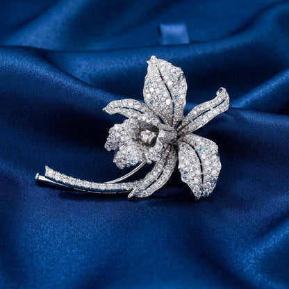 Edwardian Platinum Orchid Brooch, 5.0 Ct Old Mine Cut Diamonds, Italy