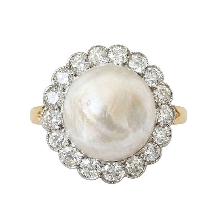 Edwardian 12 MM. Mabe Split Pearl 1.60 Ct Diamond Engagement Ring