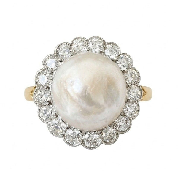 Edwardian 12 MM. Mabe Split Pearl 1.60 Ct Diamond Engagement Ring