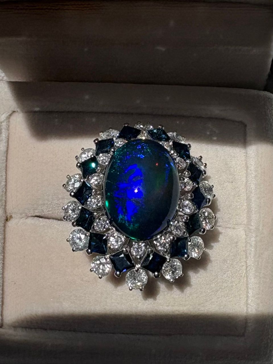 9.0 Ct. Australian Black Opal Diamond Sapphire Platinum Ring