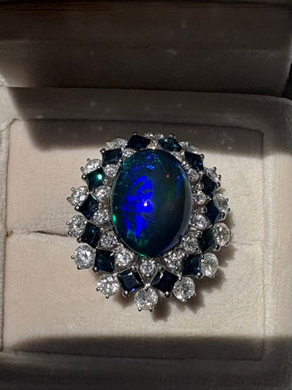9.0 Ct. Australian Black Opal Diamond Sapphire Platinum Ring