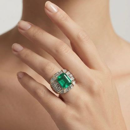 Italian Retro Colombian Emerald and 5ct Diamond Cocktail Ring