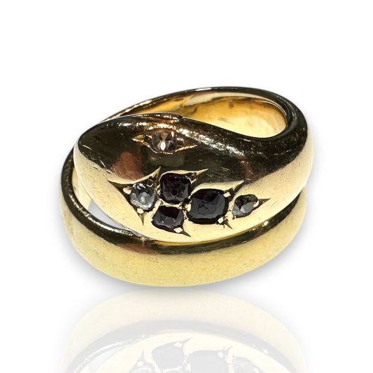 Victorian Antique 18ct Gold Snake Ring with Ruby and Diamond