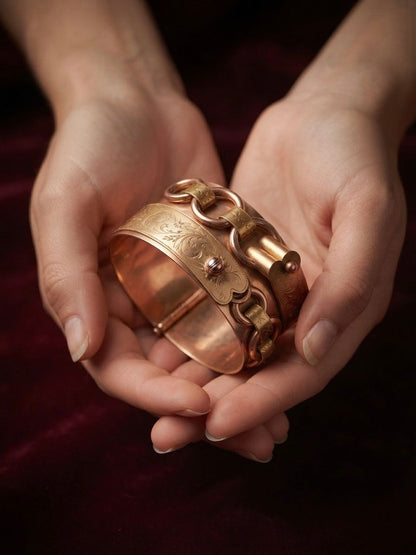 Victorian Antique Yellow Gold Wide Buckle Cuff Bangle Bracelet, Circa 1850